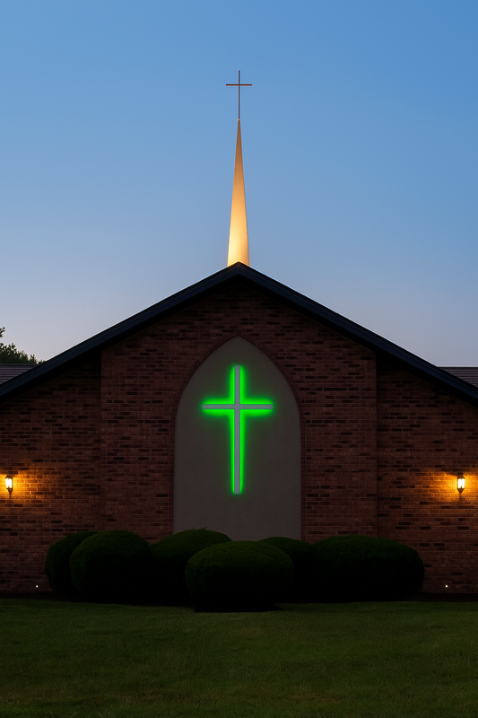 Tall LED church cross installed outdoors on building