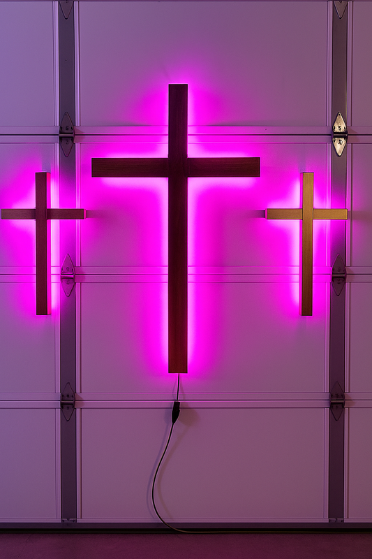 Monumental aluminum cross with color-changing lights  Large-scale lighted cross standing beside church