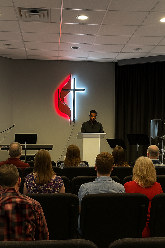 Custom UMC cross sculpture for church sanctuary  Modern aluminum UMC cross with dual flame design