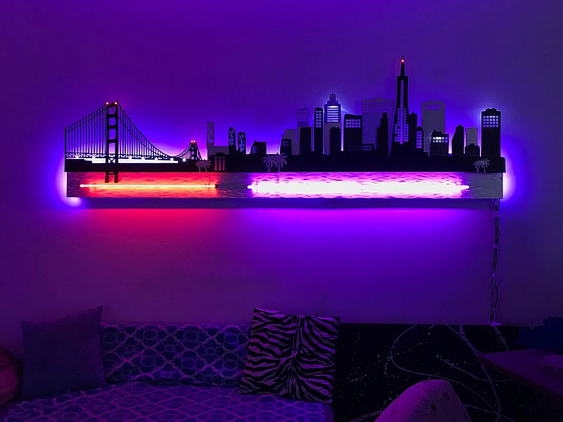 This stunning sculpture features a 10-foot-tall neon and color-changing LED skyline of San Francisco Bay, complete with the iconic Golden Gate Bridge