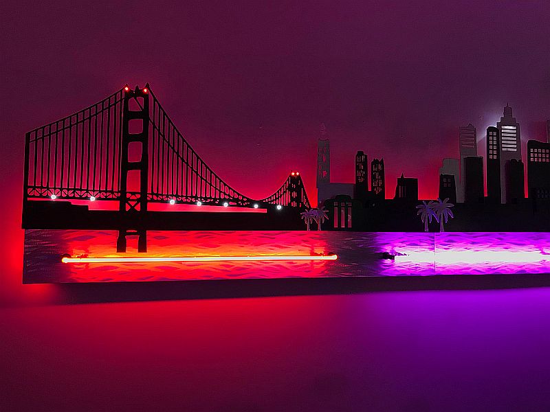 Skyline art sculpture of San Fran with LED and neon