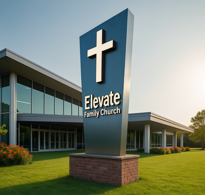 Illuminated church signage installed in front of sanctuary  Sleek aluminum church sign with scripture display