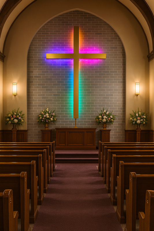 LED cross casting colored light on church wall  Color-shifting LED cross 