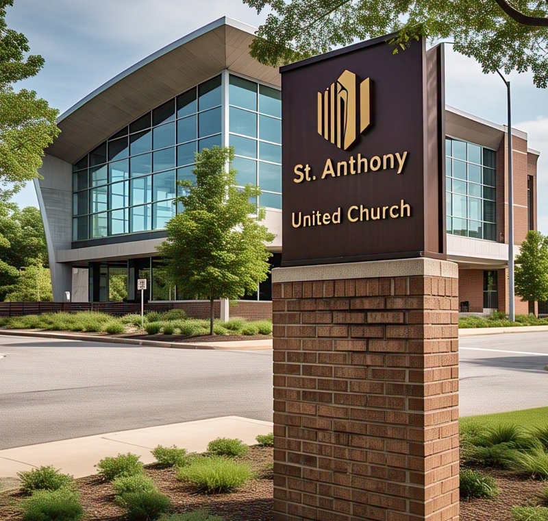 Brushed aluminum cross featured on custom church sign  Large contemporary cross with church name below