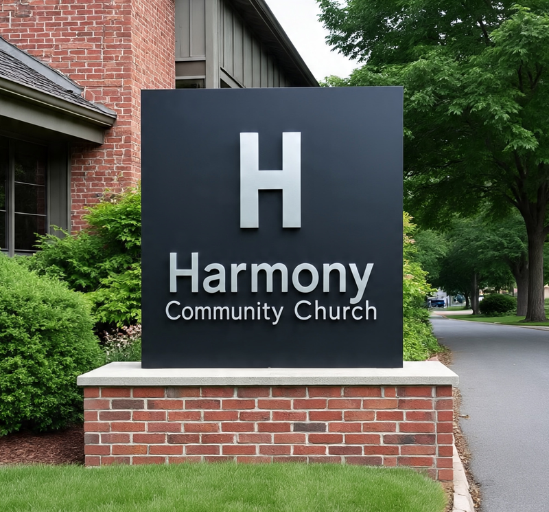 Illuminated church signage installed in front of sanctuary  Sleek aluminum church sign with scripture display