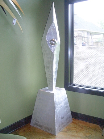 outdoor sculpture, brushed aluminum outdoor sculpture, garden sculpture, metal sculpture