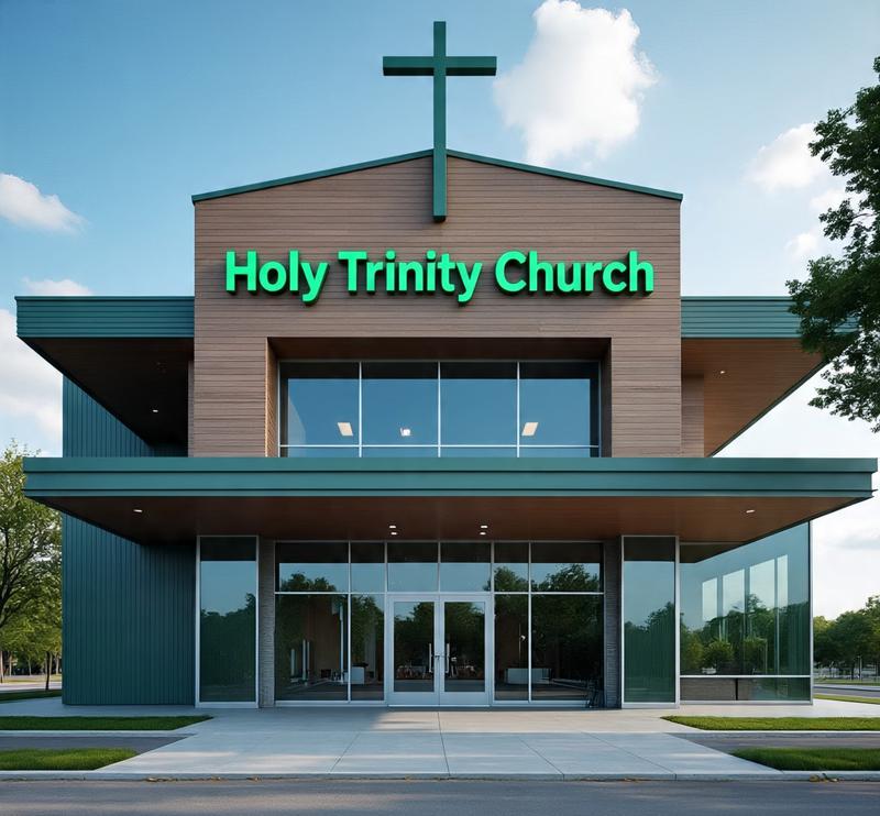 Church sign installed on stone base with landscaping  Custom signage in front of modern glass-walled church