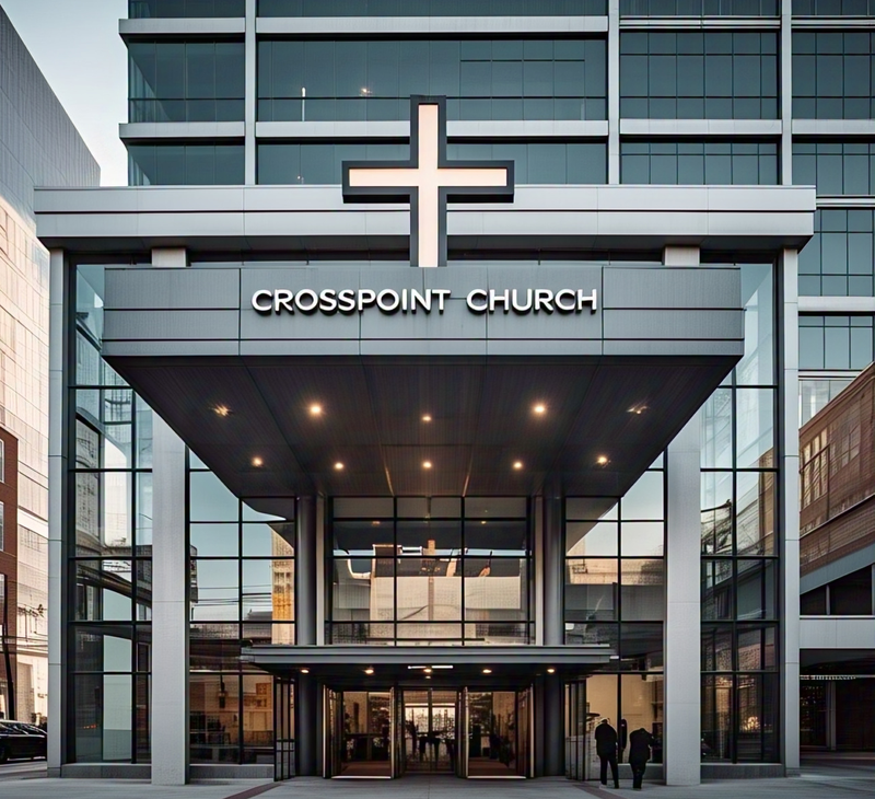 Mounted church cross above sanctuary signage  Stylized cross integrated into church entrance sign