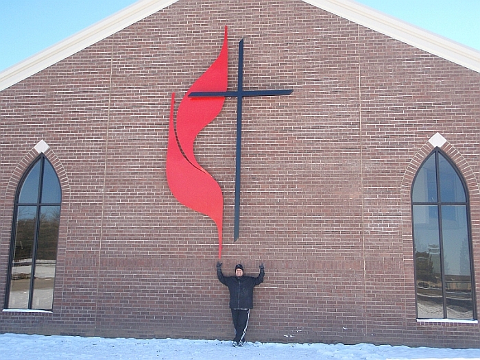 United Methodist Cross and Flames sign, for a UMC in Kentucky. 18ft tall cross & flames, United Methodist Church sign Logo, UMC Cross & Flames sign come in all sizes, church cross, UMC Cross, large cross and flames, lit cross and flames, church cross umc