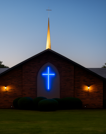 Large-scale lighted cross standing beside church  Outdoor LED cross glowing above sanctuary roofline