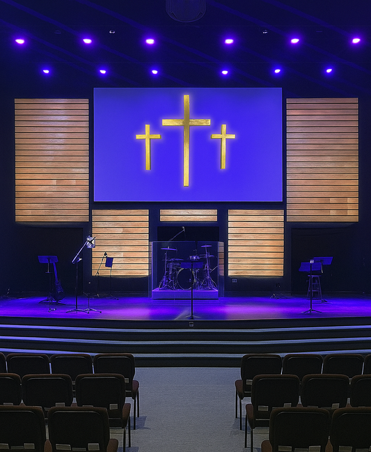 Outdoor LED cross glowing above sanctuary roofline  Architectural outdoor cross with programmable LEDs