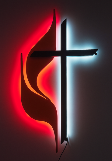 Modern aluminum UMC cross with dual flame design  United Methodist cross and flame in polished metal