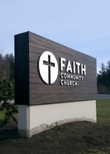 Contemporary outdoor church sign with backlit letters  Custom fabricated church sign with cross symbol