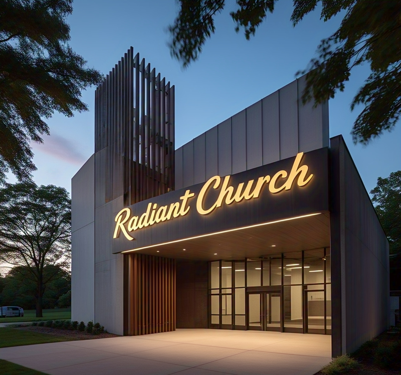 Modern church sign with custom aluminum lettering  LED-lit church signage with brushed metal finish